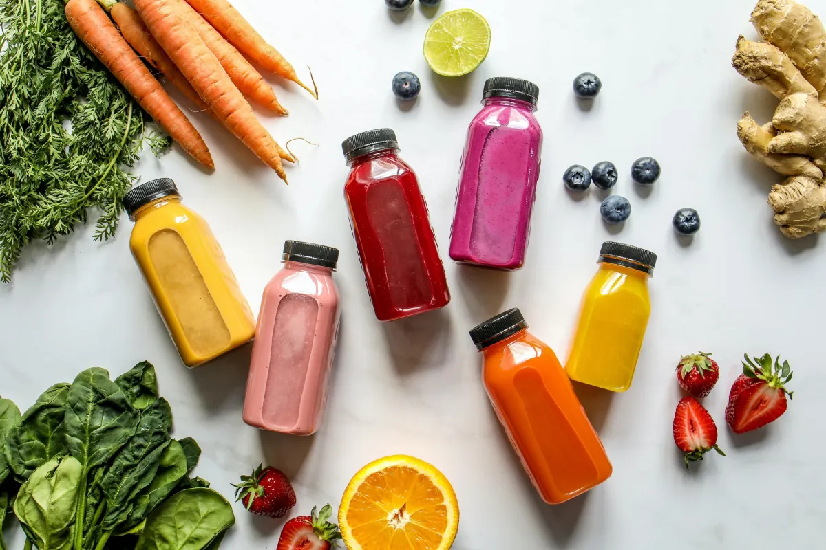 Plant-based juices and produce on a marble surface — carrots, blueberries, strawberries, oranges, ginger, spinach